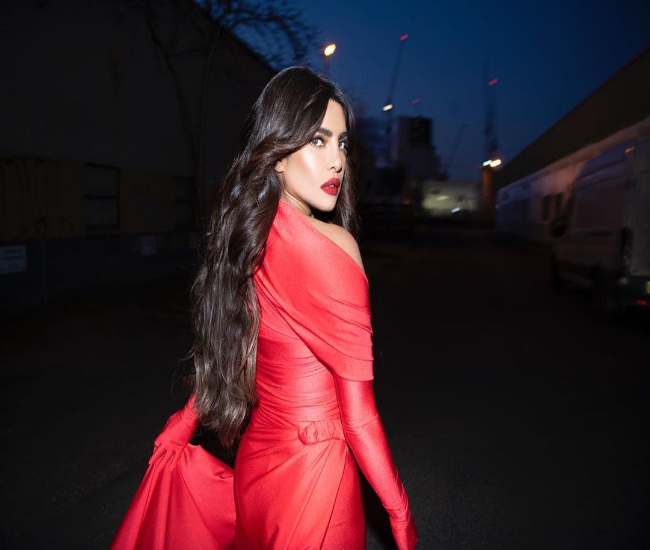 Priyanka Chopra photoshoot in a red dress for promotion of husband Nick